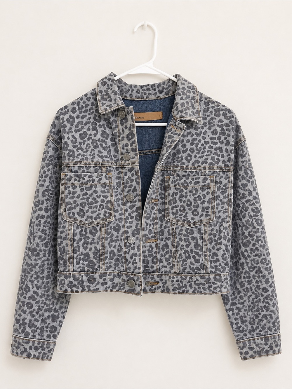 GRLFRND Leopard Print Cropped Denim Jacket - Gray